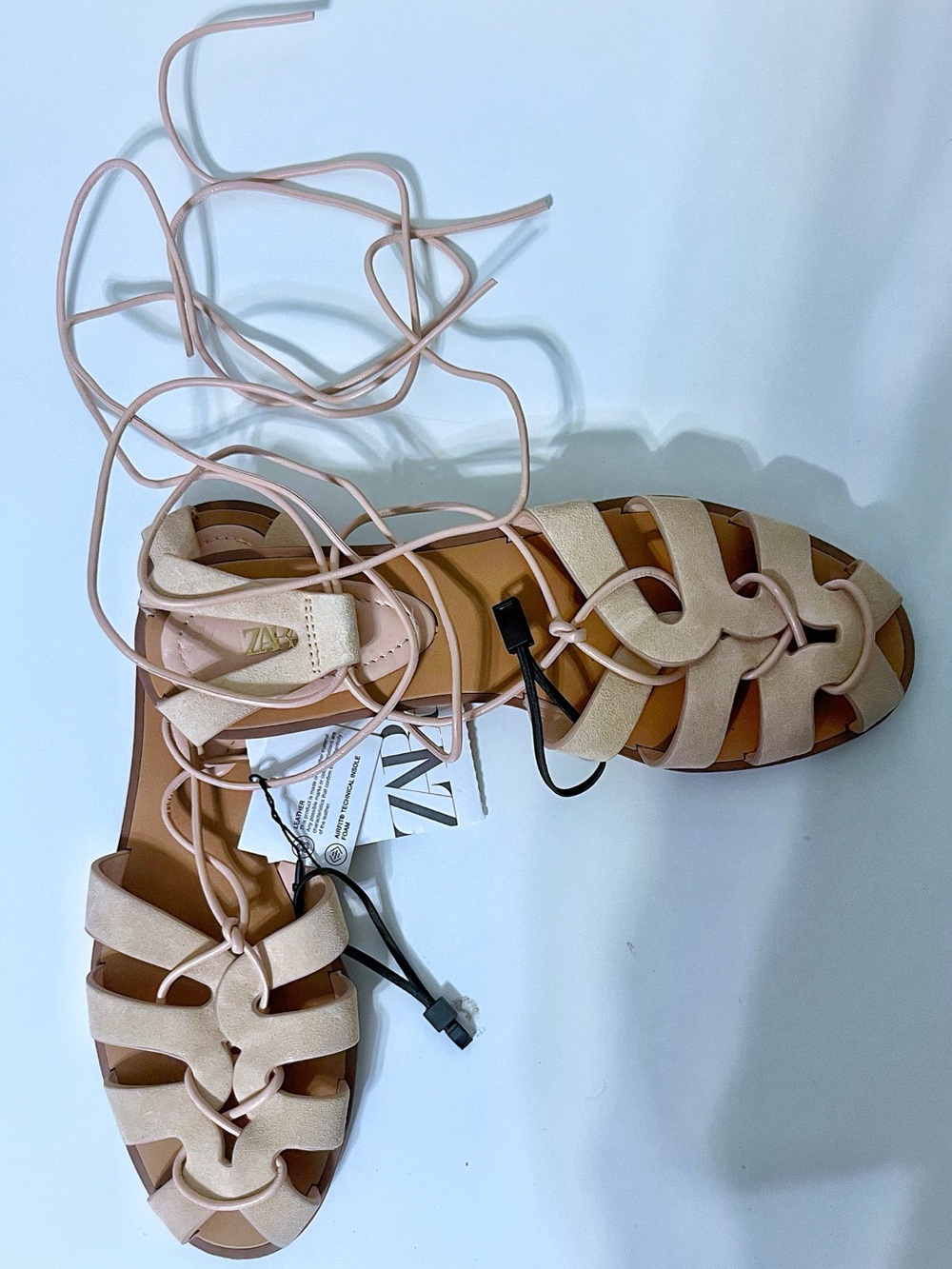Zara NWT Pink Suede Tied Leather Fisherman Sandals Cage Flat - Picture 2 of 8